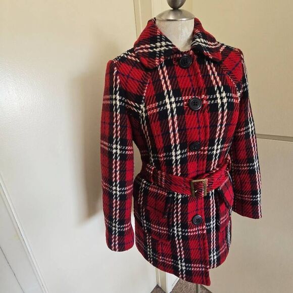 E.land Univ. Marine Club SB Red/Blk/Blue Plaid Belted Jkt., Vtg., Sz. 6, EUC - Picture 5 of 8